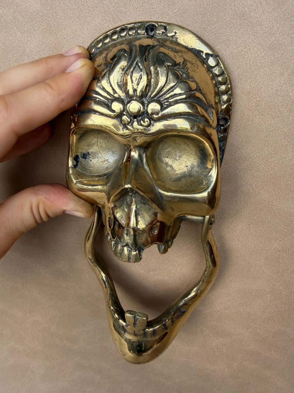 Unusual brass skull knocker, gift for skull collectors