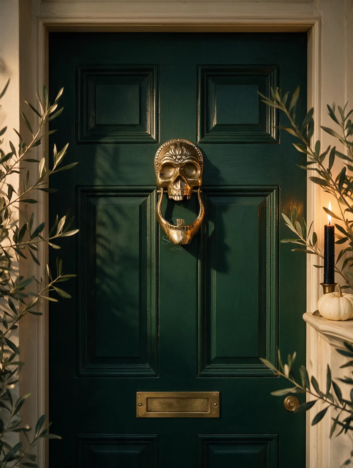 Brass skull door knocker with sculpted helmet inspired ornamentation