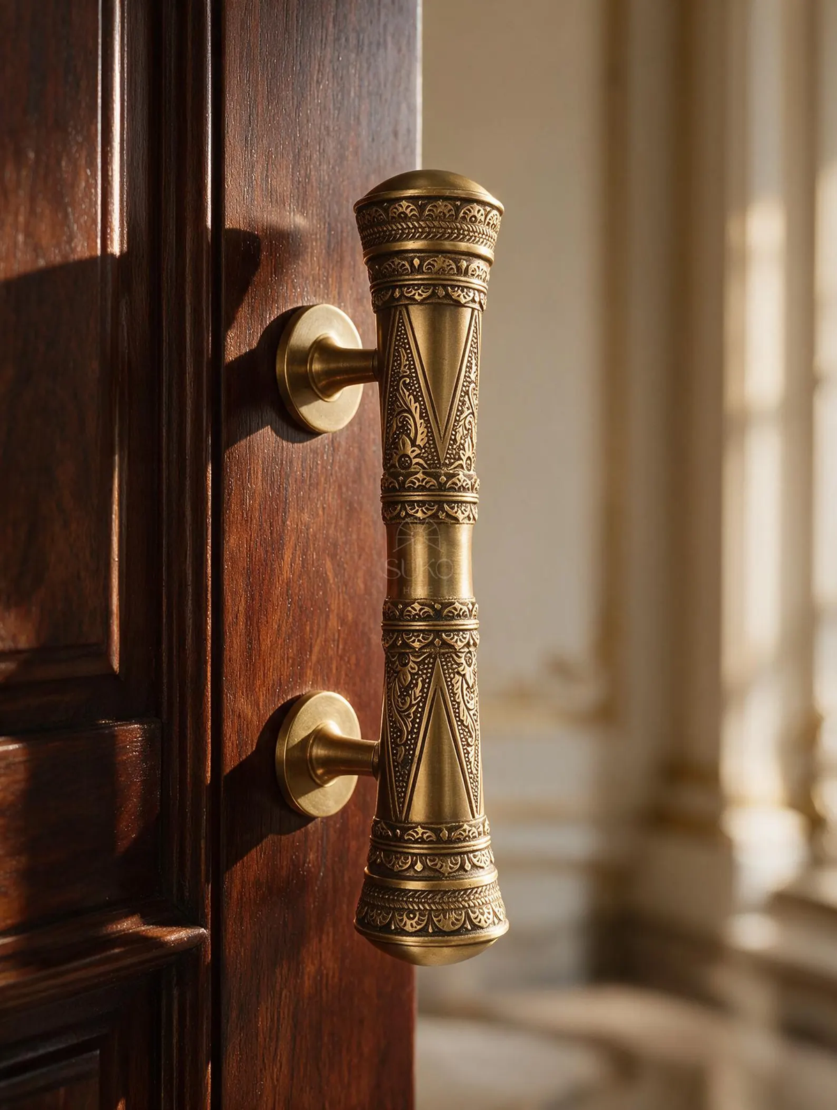 Engraved solid brass oriental pull handle mounted on a dark wooden door