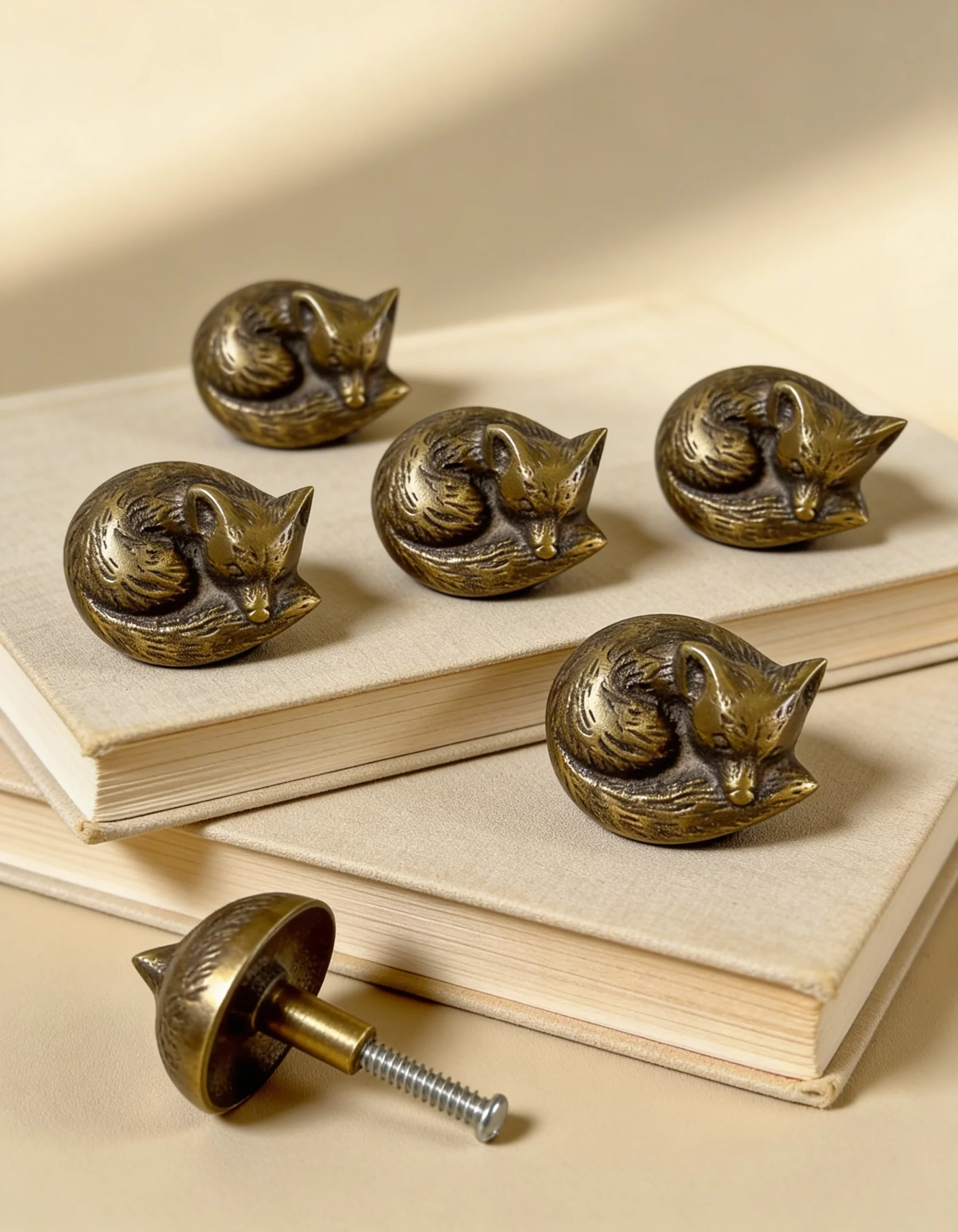 Vintage Brass Fox Cabinet Knobs Set "Forest Duo"