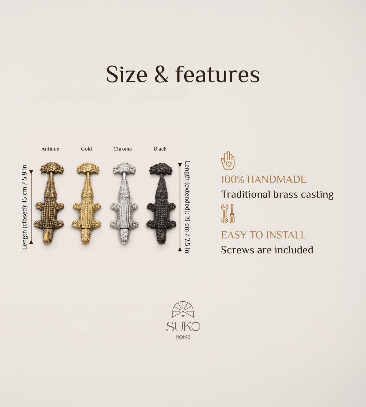 Solid brass crocodile sliding bolt lock for front doors