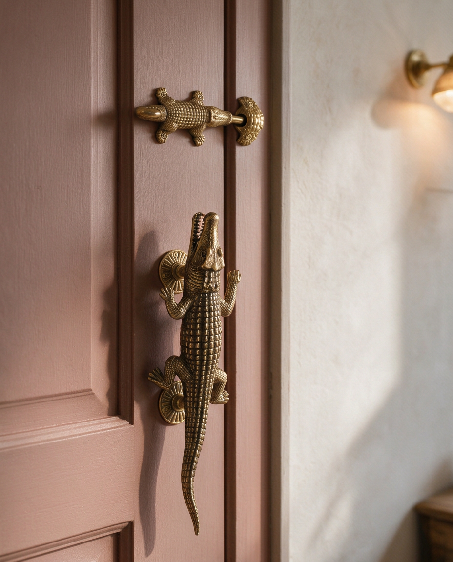 Brass Crocodile Door Handle & Latch Set