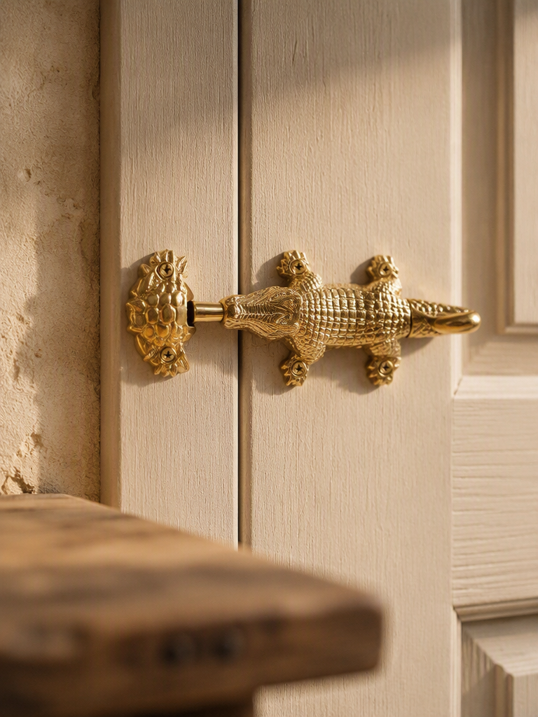 Crocodile shaped brass door latch with detailed scale texture