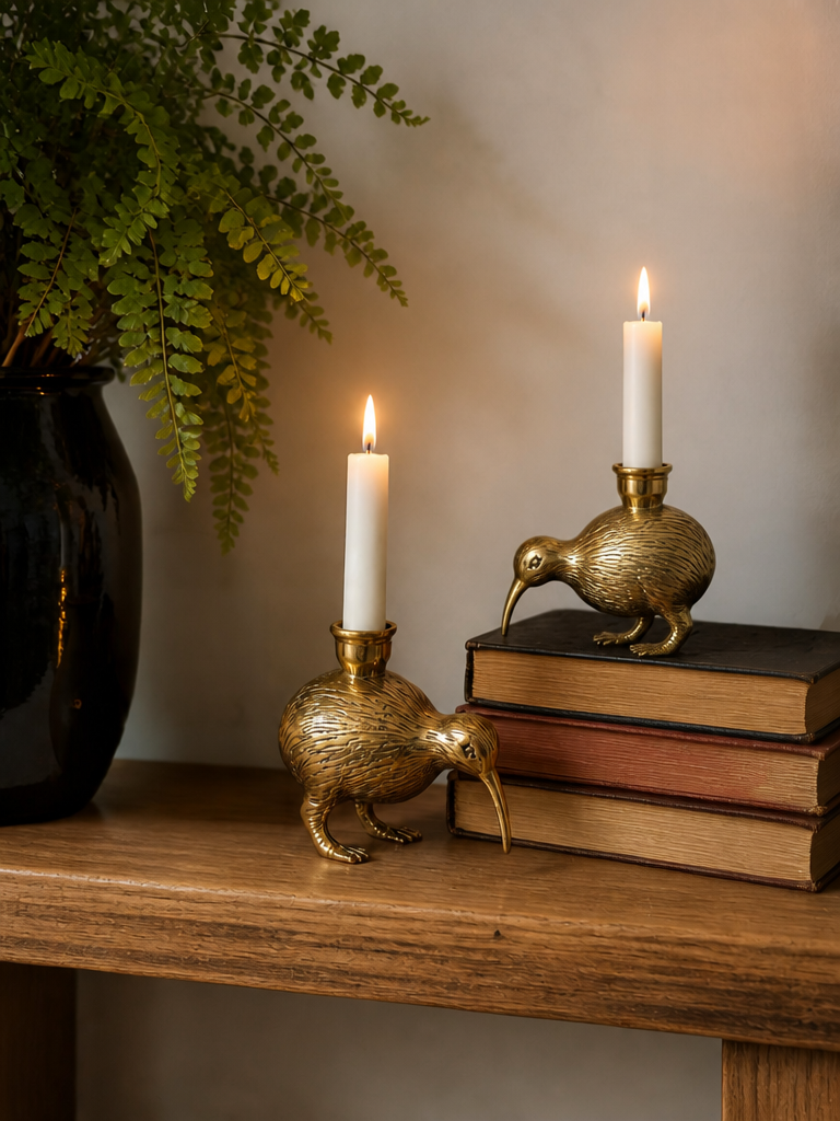 Handmade brass kiwi bird candleholder with warm antique gold finish