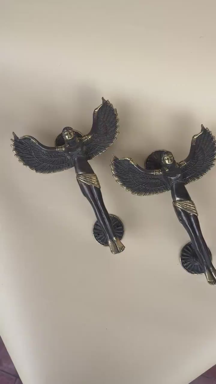 Vintage Brass Winged Angel Door Handle Set "Seraphim"