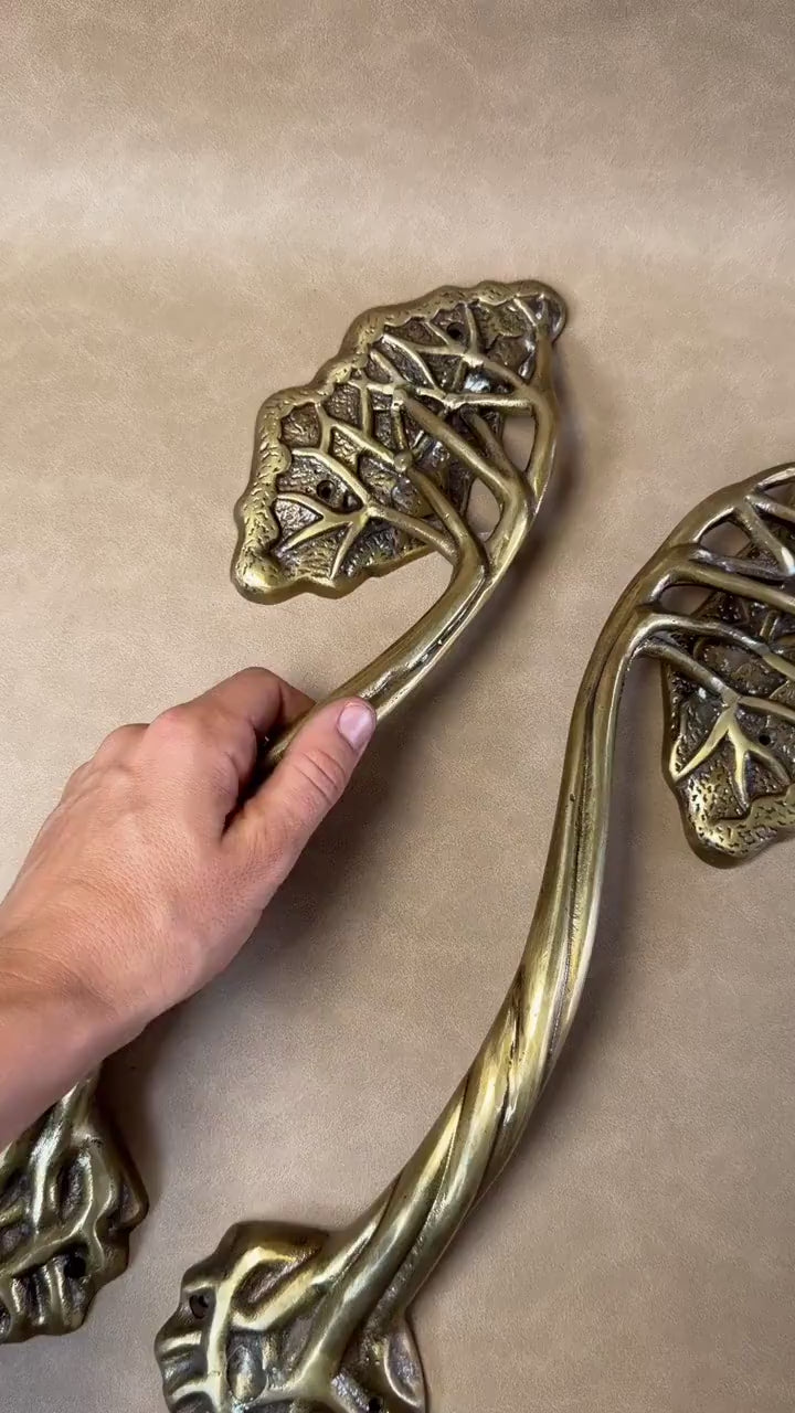 Video of hands holding two brass tree branch door handles