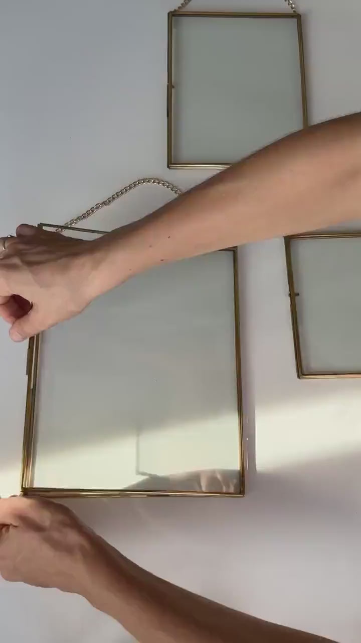 Vintage Glass & Brass Hanging Frames Set