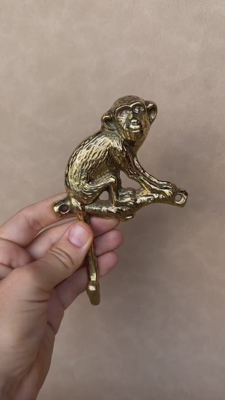 Video of a hand holding the brass monkey wall hook against a soft beige background